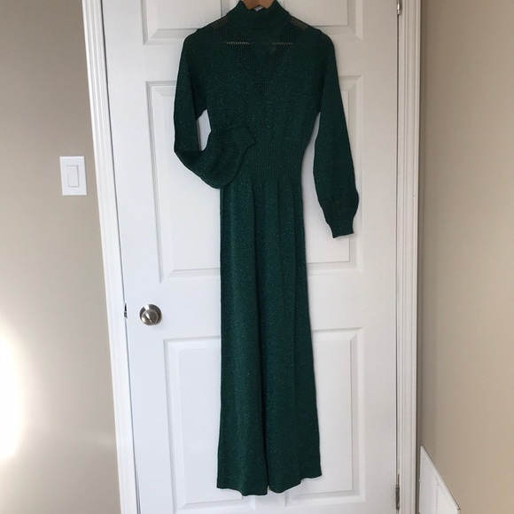 Vintage Wenjilli Metallic Knit Long Sleeve Maxi Dress Turtle Neck; Mesh V @ Neck - Picture 5 of 16